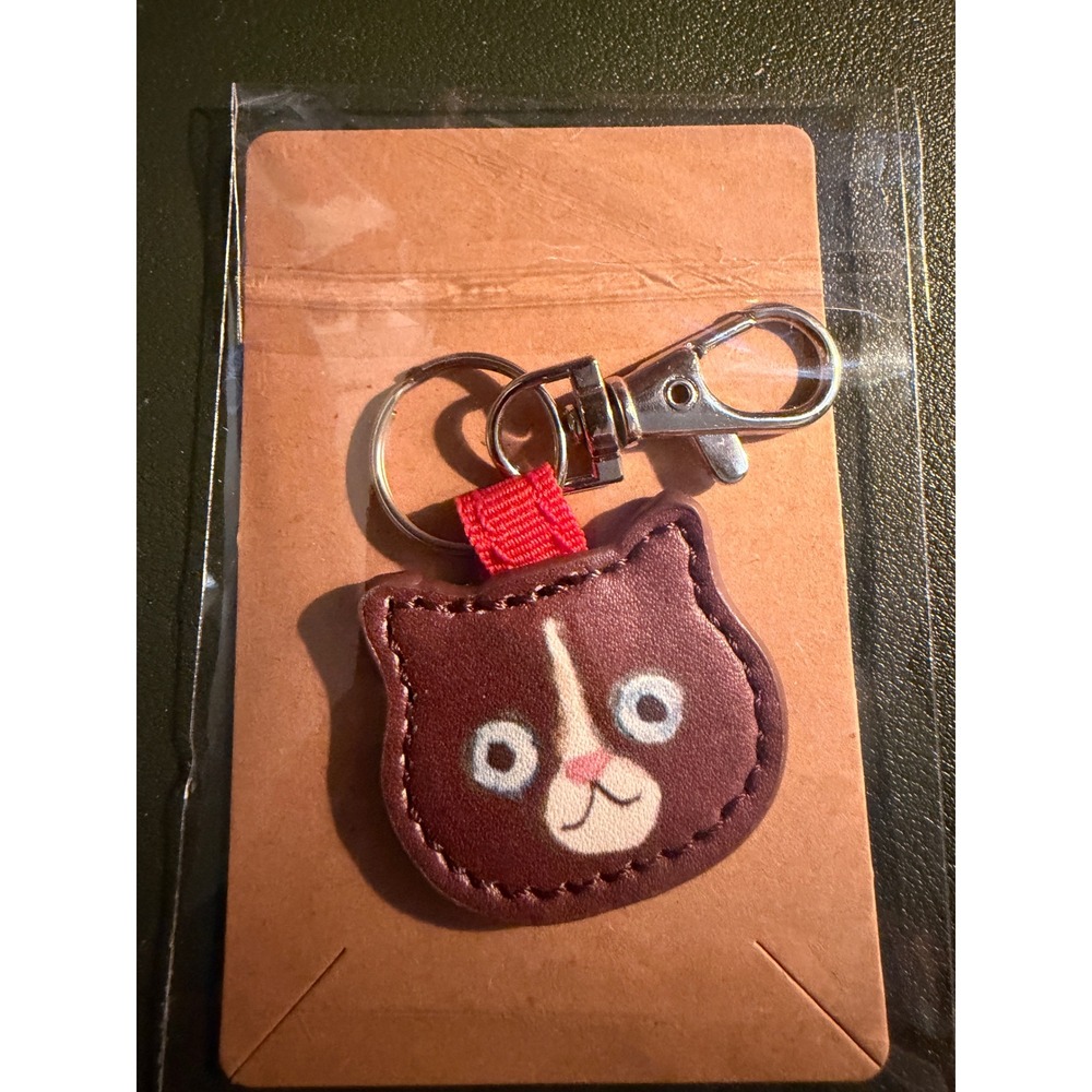Cute Cat Face Keychain Dark‎ Brown Faux Leather Silver Tone Clasp